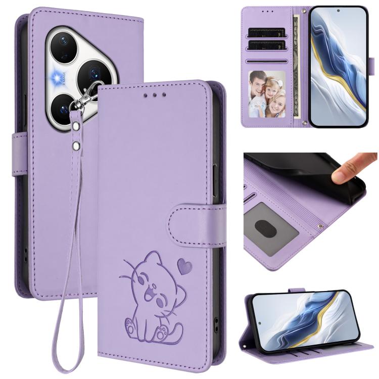 Embossed Heart Cat Leather Phone Case with Hand Strap, For Huawei nova 15 / nova 16z, For Huawei nova 16, For Huawei Pura 90 Pro Max 5G, For Huawei Pura 90 Pro 5G, For Huawei Mate 70 Air 5G, For Huawei Pura 80 Ultra 5G                                  ...