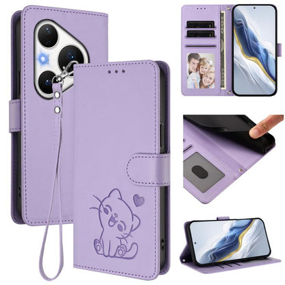 Embossed Heart Cat Leather Phone Case with Hand Strap, For Huawei nova 15 / nova 16z, For Huawei nova 16, For Huawei Pura 90 Pro Max 5G, For Huawei Pura 90 Pro 5G, For Huawei Mate 70 Air 5G, For Huawei Pura 80 Ultra 5G                                  ...