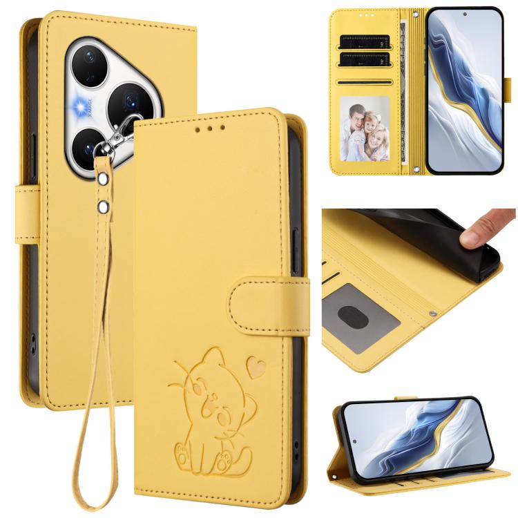 Embossed Heart Cat Leather Phone Case with Hand Strap, For Huawei nova 15 / nova 16z, For Huawei nova 16, For Huawei Pura 90 Pro Max 5G, For Huawei Pura 90 Pro 5G, For Huawei Mate 70 Air 5G, For Huawei Pura 80 Ultra 5G                                  ...