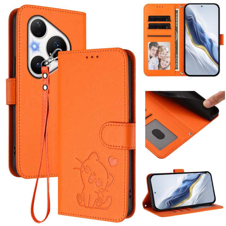 Embossed Heart Cat Leather Phone Case with Hand Strap, For Huawei nova 15 / nova 16z, For Huawei nova 16, For Huawei Pura 90 Pro Max 5G, For Huawei Pura 90 Pro 5G, For Huawei Mate 70 Air 5G, For Huawei Pura 80 Ultra 5G                                  ...