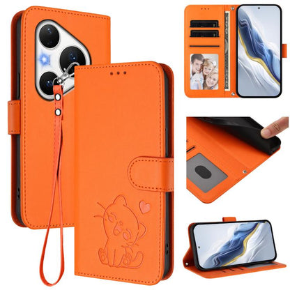 Embossed Heart Cat Leather Phone Case with Hand Strap, For Huawei nova 15 / nova 16z, For Huawei nova 16, For Huawei Pura 90 Pro Max 5G, For Huawei Pura 90 Pro 5G, For Huawei Mate 70 Air 5G, For Huawei Pura 80 Ultra 5G                                  ...