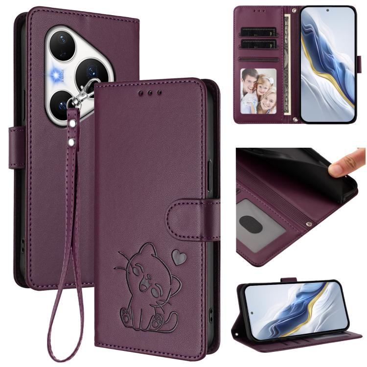 Embossed Heart Cat Leather Phone Case with Hand Strap, For Huawei nova 15 / nova 16z, For Huawei nova 16, For Huawei Pura 90 Pro Max 5G, For Huawei Pura 90 Pro 5G, For Huawei Mate 70 Air 5G, For Huawei Pura 80 Ultra 5G                                  ...