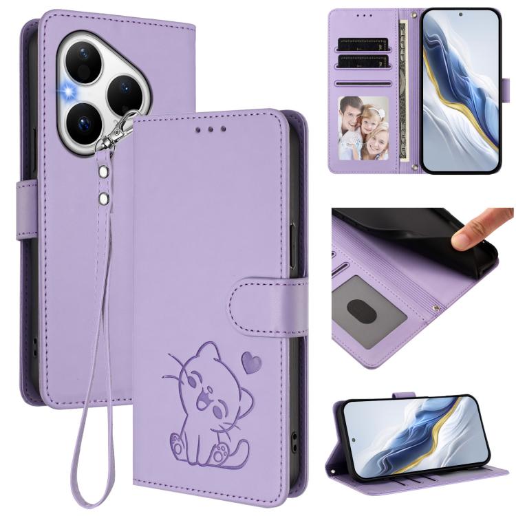 Embossed Heart Cat Leather Phone Case with Hand Strap, For Huawei nova 15 / nova 16z, For Huawei nova 16, For Huawei Pura 90 Pro Max 5G, For Huawei Pura 90 Pro 5G, For Huawei Mate 70 Air 5G, For Huawei Pura 80 Ultra 5G                                  ...