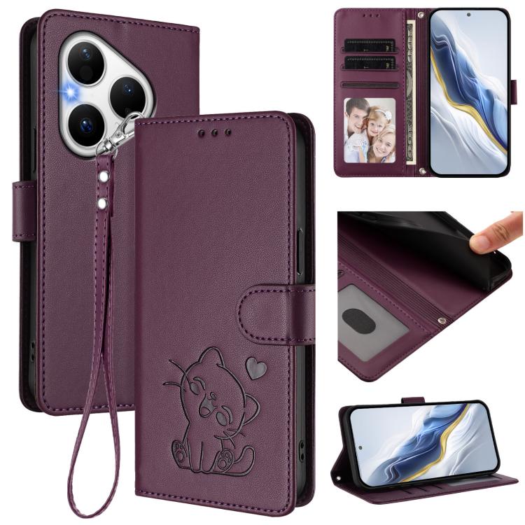 Embossed Heart Cat Leather Phone Case with Hand Strap, For Huawei nova 15 / nova 16z, For Huawei nova 16, For Huawei Pura 90 Pro Max 5G, For Huawei Pura 90 Pro 5G, For Huawei Mate 70 Air 5G, For Huawei Pura 80 Ultra 5G                                  ...
