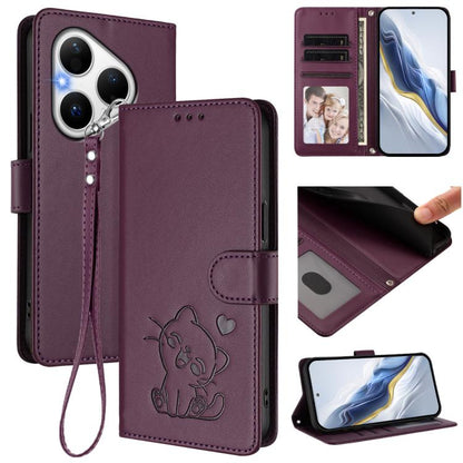 Embossed Heart Cat Leather Phone Case with Hand Strap, For Huawei nova 15 / nova 16z, For Huawei nova 16, For Huawei Pura 90 Pro Max 5G, For Huawei Pura 90 Pro 5G, For Huawei Mate 70 Air 5G, For Huawei Pura 80 Ultra 5G                                  ...