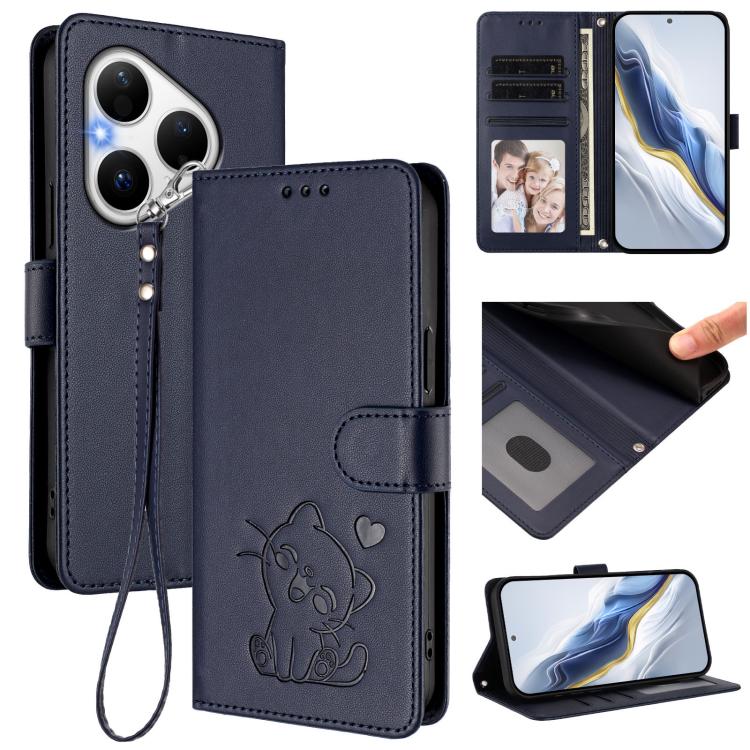 Embossed Heart Cat Leather Phone Case with Hand Strap, For Huawei nova 15 / nova 16z, For Huawei nova 16, For Huawei Pura 90 Pro Max 5G, For Huawei Pura 90 Pro 5G, For Huawei Mate 70 Air 5G, For Huawei Pura 80 Ultra 5G                                  ...