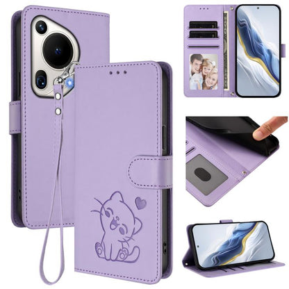 Embossed Heart Cat Leather Phone Case with Hand Strap, For Huawei Pura 70 Pro / Pura 70 Pro+, For Huawei Pura 70 Ultra, For Huawei nova 12s / nova 12 Lite / nova 11, For Huawei Pura 70, For Huawei Mate 60 Pro / Mate 60 Pro+, For Huawei Mate 60         ...