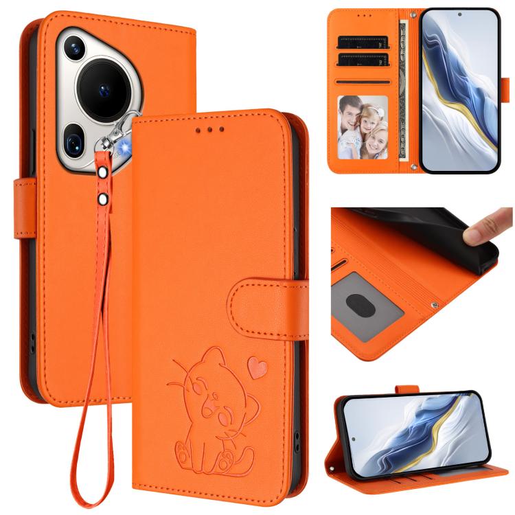 Embossed Heart Cat Leather Phone Case with Hand Strap, For Huawei Pura 70 Pro / Pura 70 Pro+, For Huawei Pura 70 Ultra, For Huawei nova 12s / nova 12 Lite / nova 11, For Huawei Pura 70, For Huawei Mate 60 Pro / Mate 60 Pro+, For Huawei Mate 60         ...