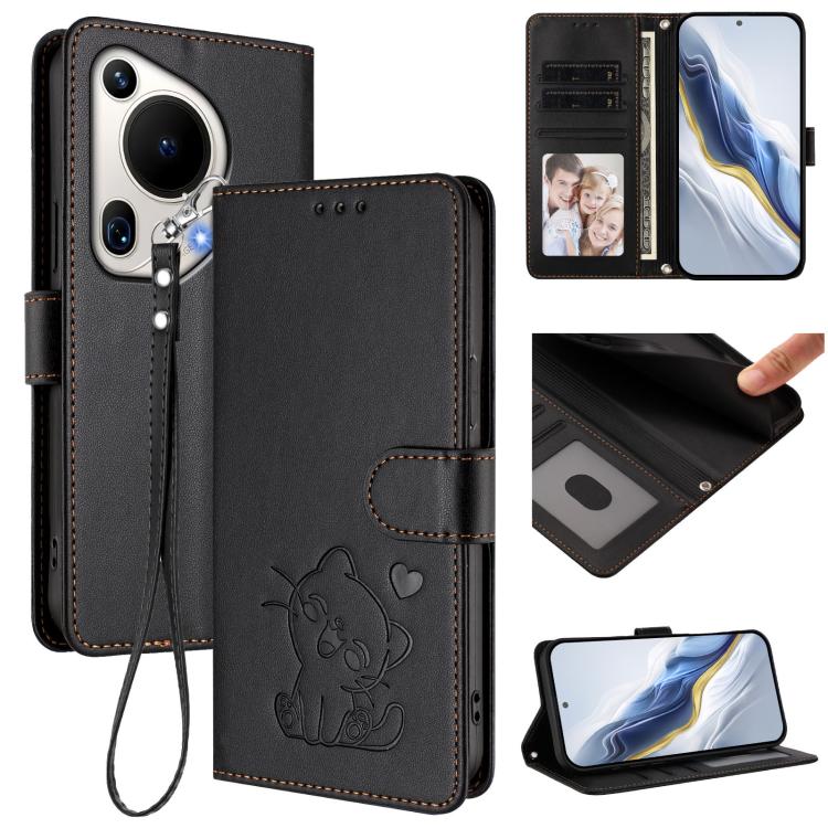 Embossed Heart Cat Leather Phone Case with Hand Strap, For Huawei Pura 70 Pro / Pura 70 Pro+, For Huawei Pura 70 Ultra, For Huawei nova 12s / nova 12 Lite / nova 11, For Huawei Pura 70, For Huawei Mate 60 Pro / Mate 60 Pro+, For Huawei Mate 60         ...