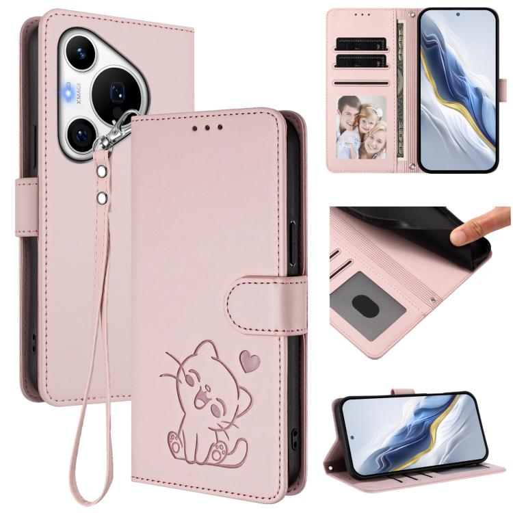 Embossed Heart Cat Leather Phone Case with Hand Strap, For Huawei Pura 70 Pro / Pura 70 Pro+, For Huawei Pura 70 Ultra, For Huawei nova 12s / nova 12 Lite / nova 11, For Huawei Pura 70, For Huawei Mate 60 Pro / Mate 60 Pro+, For Huawei Mate 60         ...
