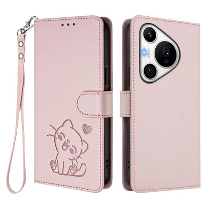 Embossed Heart Cat Leather Phone Case with Hand Strap, For Huawei Pura 70 Pro / Pura 70 Pro+, For Huawei Pura 70 Ultra, For Huawei nova 12s / nova 12 Lite / nova 11, For Huawei Pura 70, For Huawei Mate 60 Pro / Mate 60 Pro+, For Huawei Mate 60         ...