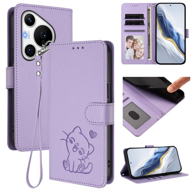 Embossed Heart Cat Leather Phone Case with Hand Strap, For Huawei Pura 70 Pro / Pura 70 Pro+, For Huawei Pura 70 Ultra, For Huawei nova 12s / nova 12 Lite / nova 11, For Huawei Pura 70, For Huawei Mate 60 Pro / Mate 60 Pro+, For Huawei Mate 60         ...
