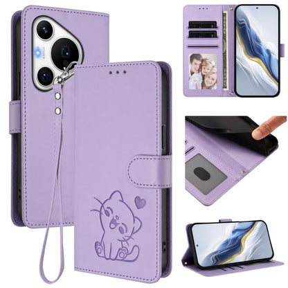 Embossed Heart Cat Leather Phone Case with Hand Strap, For Huawei Pura 70 Pro / Pura 70 Pro+, For Huawei Pura 70 Ultra, For Huawei nova 12s / nova 12 Lite / nova 11, For Huawei Pura 70, For Huawei Mate 60 Pro / Mate 60 Pro+, For Huawei Mate 60         ...