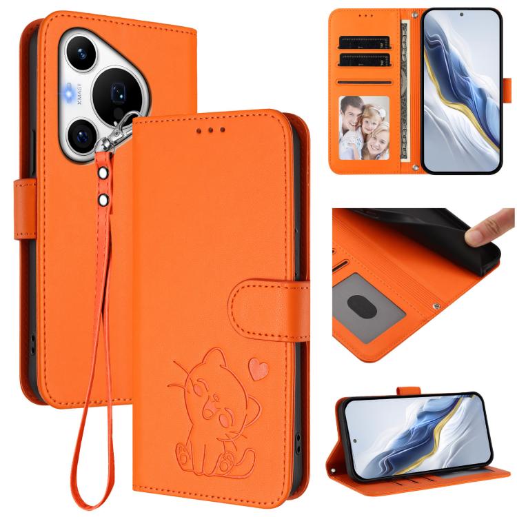 Embossed Heart Cat Leather Phone Case with Hand Strap, For Huawei Pura 70 Pro / Pura 70 Pro+, For Huawei Pura 70 Ultra, For Huawei nova 12s / nova 12 Lite / nova 11, For Huawei Pura 70, For Huawei Mate 60 Pro / Mate 60 Pro+, For Huawei Mate 60         ...