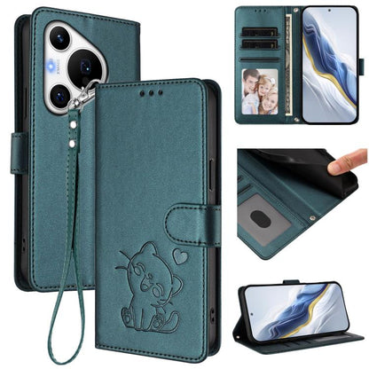 Embossed Heart Cat Leather Phone Case with Hand Strap, For Huawei Pura 70 Pro / Pura 70 Pro+, For Huawei Pura 70 Ultra, For Huawei nova 12s / nova 12 Lite / nova 11, For Huawei Pura 70, For Huawei Mate 60 Pro / Mate 60 Pro+, For Huawei Mate 60         ...