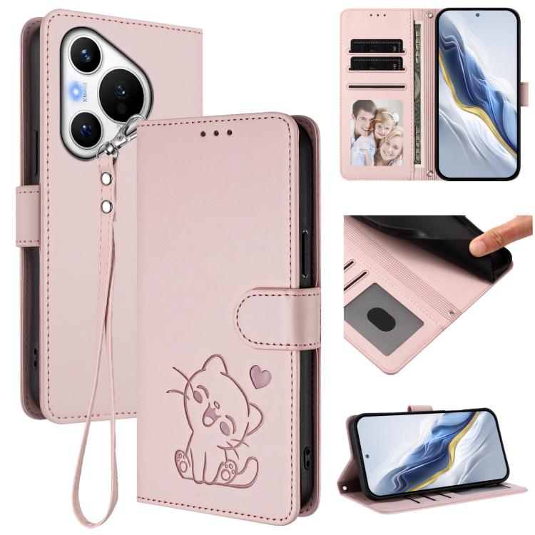 Embossed Heart Cat Leather Phone Case with Hand Strap, For Huawei Pura 70 Pro / Pura 70 Pro+, For Huawei Pura 70 Ultra, For Huawei nova 12s / nova 12 Lite / nova 11, For Huawei Pura 70, For Huawei Mate 60 Pro / Mate 60 Pro+, For Huawei Mate 60         ...