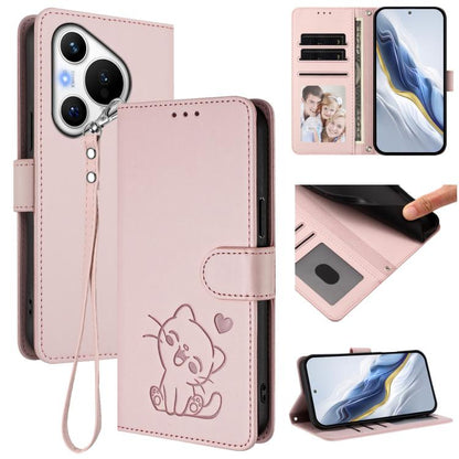 Embossed Heart Cat Leather Phone Case with Hand Strap, For Huawei Pura 70 Pro / Pura 70 Pro+, For Huawei Pura 70 Ultra, For Huawei nova 12s / nova 12 Lite / nova 11, For Huawei Pura 70, For Huawei Mate 60 Pro / Mate 60 Pro+, For Huawei Mate 60         ...