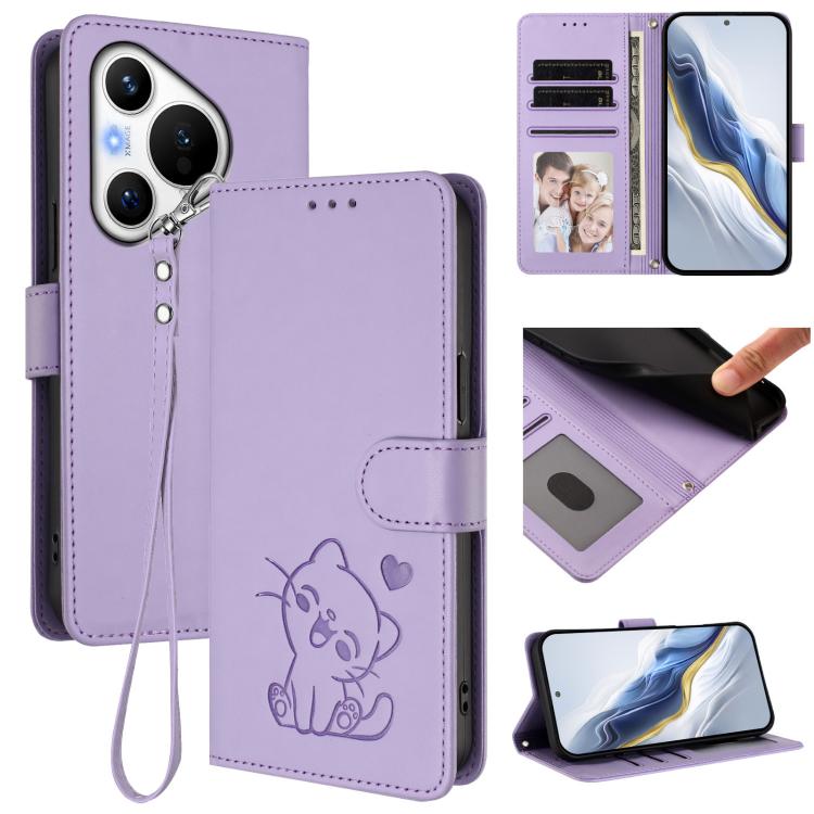 Embossed Heart Cat Leather Phone Case with Hand Strap, For Huawei Pura 70 Pro / Pura 70 Pro+, For Huawei Pura 70 Ultra, For Huawei nova 12s / nova 12 Lite / nova 11, For Huawei Pura 70, For Huawei Mate 60 Pro / Mate 60 Pro+, For Huawei Mate 60         ...
