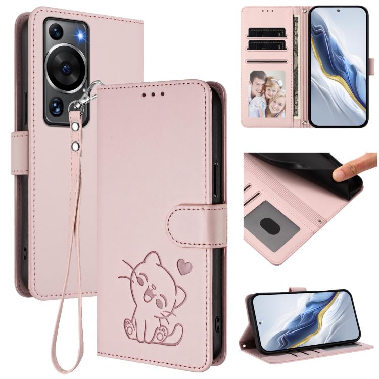Embossed Heart Cat Leather Phone Case with Hand Strap, For Huawei Pura 70 Pro / Pura 70 Pro+, For Huawei Pura 70 Ultra, For Huawei nova 12s / nova 12 Lite / nova 11, For Huawei Pura 70, For Huawei Mate 60 Pro / Mate 60 Pro+, For Huawei Mate 60         ...