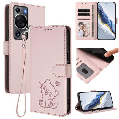 Embossed Heart Cat Leather Phone Case with Hand Strap, For Huawei Pura 70 Pro / Pura 70 Pro+, For Huawei Pura 70 Ultra, For Huawei nova 12s / nova 12 Lite / nova 11, For Huawei Pura 70, For Huawei Mate 60 Pro / Mate 60 Pro+, For Huawei Mate 60         ...