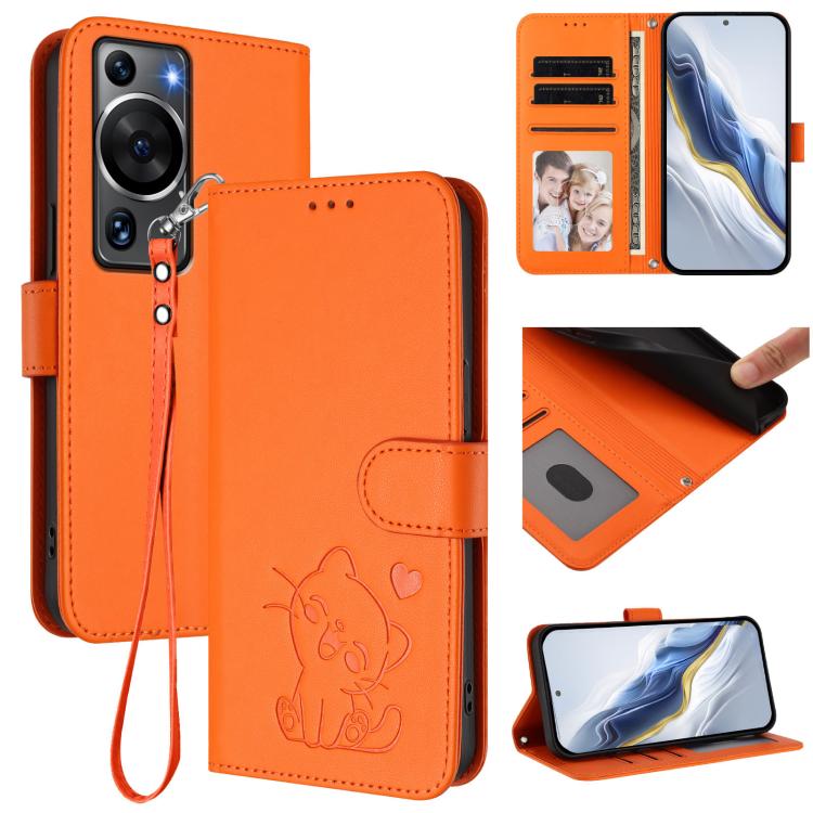 Embossed Heart Cat Leather Phone Case with Hand Strap, For Huawei Pura 70 Pro / Pura 70 Pro+, For Huawei Pura 70 Ultra, For Huawei nova 12s / nova 12 Lite / nova 11, For Huawei Pura 70, For Huawei Mate 60 Pro / Mate 60 Pro+, For Huawei Mate 60         ...