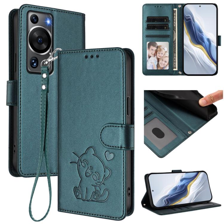 Embossed Heart Cat Leather Phone Case with Hand Strap, For Huawei Pura 70 Pro / Pura 70 Pro+, For Huawei Pura 70 Ultra, For Huawei nova 12s / nova 12 Lite / nova 11, For Huawei Pura 70, For Huawei Mate 60 Pro / Mate 60 Pro+, For Huawei Mate 60         ...