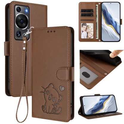 Embossed Heart Cat Leather Phone Case with Hand Strap, For Huawei Pura 70 Pro / Pura 70 Pro+, For Huawei Pura 70 Ultra, For Huawei nova 12s / nova 12 Lite / nova 11, For Huawei Pura 70, For Huawei Mate 60 Pro / Mate 60 Pro+, For Huawei Mate 60         ...