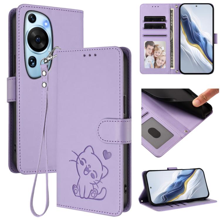 Embossed Heart Cat Leather Phone Case with Hand Strap, For Huawei Pura 70 Pro / Pura 70 Pro+, For Huawei Pura 70 Ultra, For Huawei nova 12s / nova 12 Lite / nova 11, For Huawei Pura 70, For Huawei Mate 60 Pro / Mate 60 Pro+, For Huawei Mate 60         ...