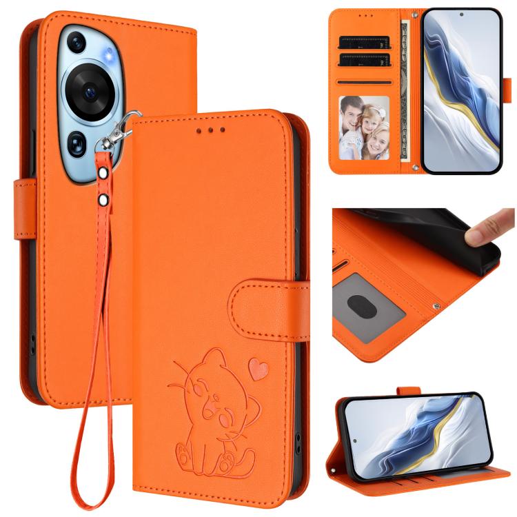 Embossed Heart Cat Leather Phone Case with Hand Strap, For Huawei Pura 70 Pro / Pura 70 Pro+, For Huawei Pura 70 Ultra, For Huawei nova 12s / nova 12 Lite / nova 11, For Huawei Pura 70, For Huawei Mate 60 Pro / Mate 60 Pro+, For Huawei Mate 60         ...