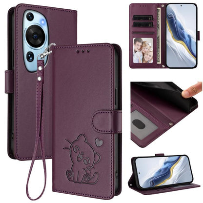 Embossed Heart Cat Leather Phone Case with Hand Strap, For Huawei Pura 70 Pro / Pura 70 Pro+, For Huawei Pura 70 Ultra, For Huawei nova 12s / nova 12 Lite / nova 11, For Huawei Pura 70, For Huawei Mate 60 Pro / Mate 60 Pro+, For Huawei Mate 60         ...