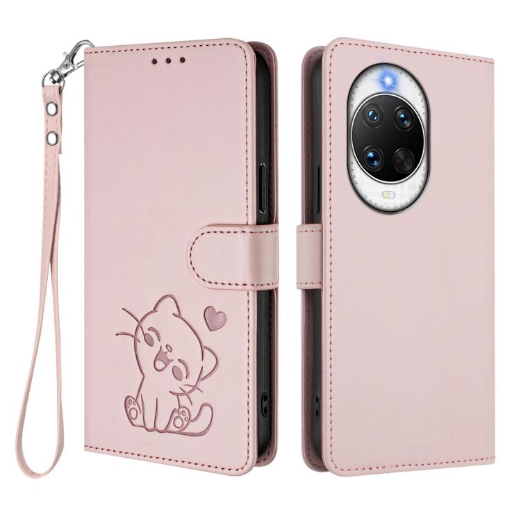 Embossed Heart Cat Leather Phone Case with Hand Strap, For Huawei nova 14 Ultra, For Huawei nova 14 Pro, For Huawei nova 14, For Huawei Enjoy 80 / Nova Y73, For Huawei nova 13i / nova 12i Global, For Huawei Mate 70 Pro, For Huawei Mate 70              ...