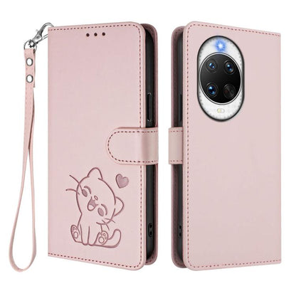 Embossed Heart Cat Leather Phone Case with Hand Strap, For Huawei nova 14 Ultra, For Huawei nova 14 Pro, For Huawei nova 14, For Huawei Enjoy 80 / Nova Y73, For Huawei nova 13i / nova 12i Global, For Huawei Mate 70 Pro, For Huawei Mate 70              ...