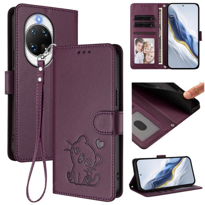 Embossed Heart Cat Leather Phone Case with Hand Strap, For Huawei nova 14 Ultra, For Huawei nova 14 Pro, For Huawei nova 14, For Huawei Enjoy 80 / Nova Y73, For Huawei nova 13i / nova 12i Global, For Huawei Mate 70 Pro, For Huawei Mate 70              ...
