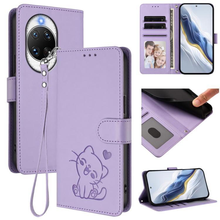 Embossed Heart Cat Leather Phone Case with Hand Strap, For Huawei nova 14 Ultra, For Huawei nova 14 Pro, For Huawei nova 14, For Huawei Enjoy 80 / Nova Y73, For Huawei nova 13i / nova 12i Global, For Huawei Mate 70 Pro, For Huawei Mate 70              ...