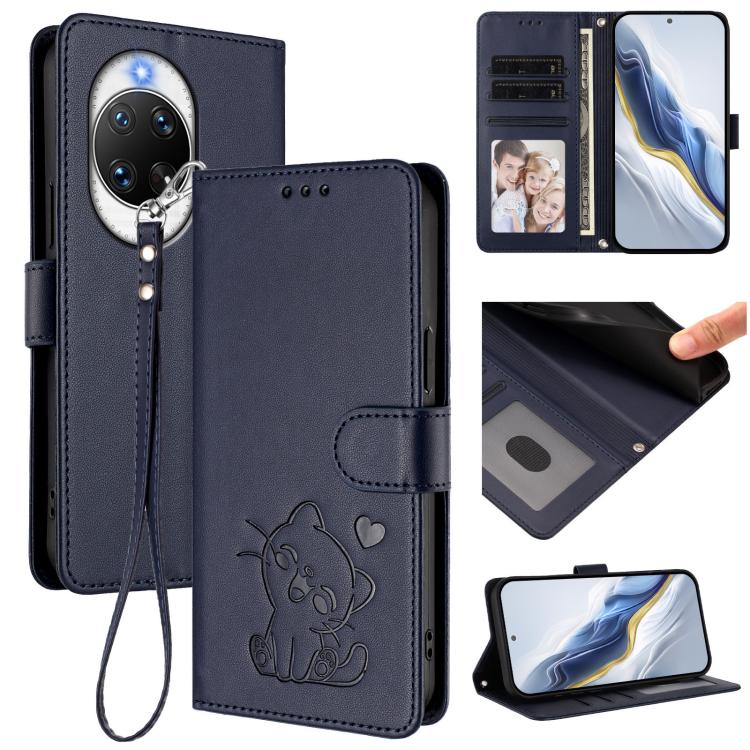 Embossed Heart Cat Leather Phone Case with Hand Strap, For Huawei nova 14 Ultra, For Huawei nova 14 Pro, For Huawei nova 14, For Huawei Enjoy 80 / Nova Y73, For Huawei nova 13i / nova 12i Global, For Huawei Mate 70 Pro, For Huawei Mate 70              ...