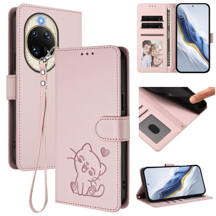 Embossed Heart Cat Leather Phone Case with Hand Strap, For Huawei nova 14 Ultra, For Huawei nova 14 Pro, For Huawei nova 14, For Huawei Enjoy 80 / Nova Y73, For Huawei nova 13i / nova 12i Global, For Huawei Mate 70 Pro, For Huawei Mate 70              ...