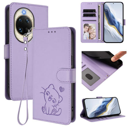 Embossed Heart Cat Leather Phone Case with Hand Strap, For Huawei nova 14 Ultra, For Huawei nova 14 Pro, For Huawei nova 14, For Huawei Enjoy 80 / Nova Y73, For Huawei nova 13i / nova 12i Global, For Huawei Mate 70 Pro, For Huawei Mate 70              ...