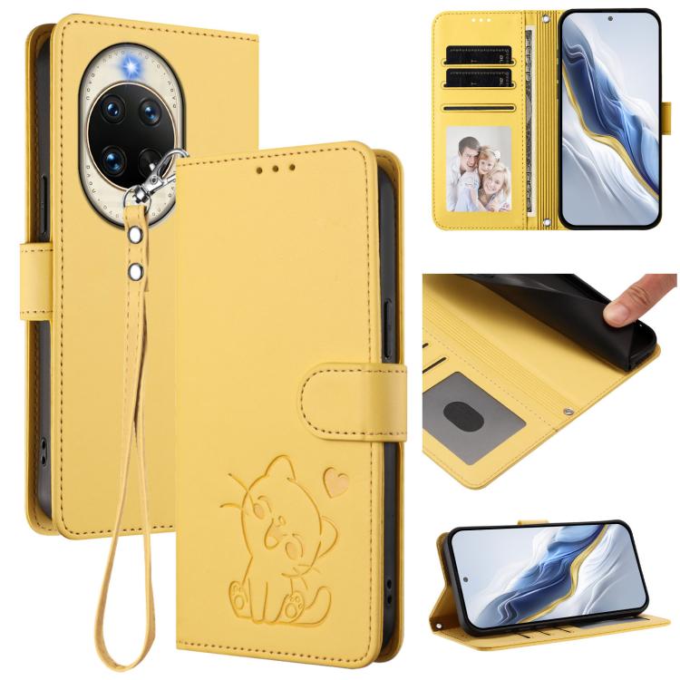 Embossed Heart Cat Leather Phone Case with Hand Strap, For Huawei nova 14 Ultra, For Huawei nova 14 Pro, For Huawei nova 14, For Huawei Enjoy 80 / Nova Y73, For Huawei nova 13i / nova 12i Global, For Huawei Mate 70 Pro, For Huawei Mate 70              ...