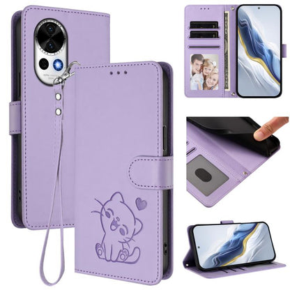Embossed Heart Cat Leather Phone Case with Hand Strap, For Huawei nova 14 Ultra, For Huawei nova 14 Pro, For Huawei nova 14, For Huawei Enjoy 80 / Nova Y73, For Huawei nova 13i / nova 12i Global, For Huawei Mate 70 Pro, For Huawei Mate 70              ...