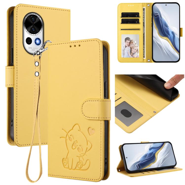 Embossed Heart Cat Leather Phone Case with Hand Strap, For Huawei nova 14 Ultra, For Huawei nova 14 Pro, For Huawei nova 14, For Huawei Enjoy 80 / Nova Y73, For Huawei nova 13i / nova 12i Global, For Huawei Mate 70 Pro, For Huawei Mate 70              ...