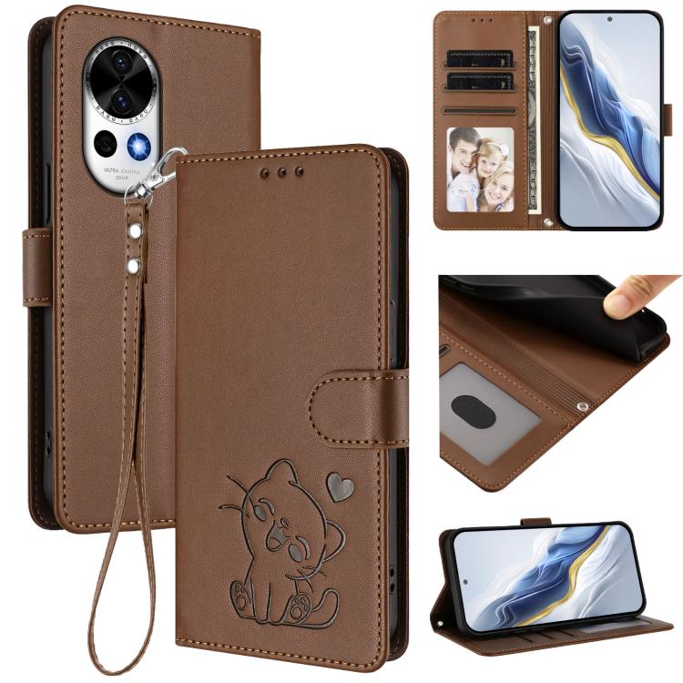 Embossed Heart Cat Leather Phone Case with Hand Strap, For Huawei nova 14 Ultra, For Huawei nova 14 Pro, For Huawei nova 14, For Huawei Enjoy 80 / Nova Y73, For Huawei nova 13i / nova 12i Global, For Huawei Mate 70 Pro, For Huawei Mate 70              ...