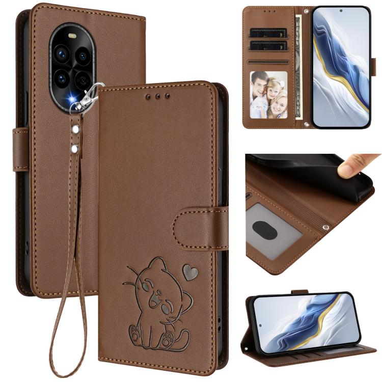 Embossed Heart Cat Leather Phone Case with Hand Strap, For Huawei nova 14 Ultra, For Huawei nova 14 Pro, For Huawei nova 14, For Huawei Enjoy 80 / Nova Y73, For Huawei nova 13i / nova 12i Global, For Huawei Mate 70 Pro, For Huawei Mate 70              ...