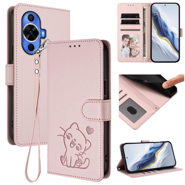 Embossed Heart Cat Leather Phone Case with Hand Strap, For Huawei Pura 70 Pro / Pura 70 Pro+, For Huawei Pura 70 Ultra, For Huawei nova 12s / nova 12 Lite / nova 11, For Huawei Pura 70, For Huawei Mate 60 Pro / Mate 60 Pro+, For Huawei Mate 60         ...