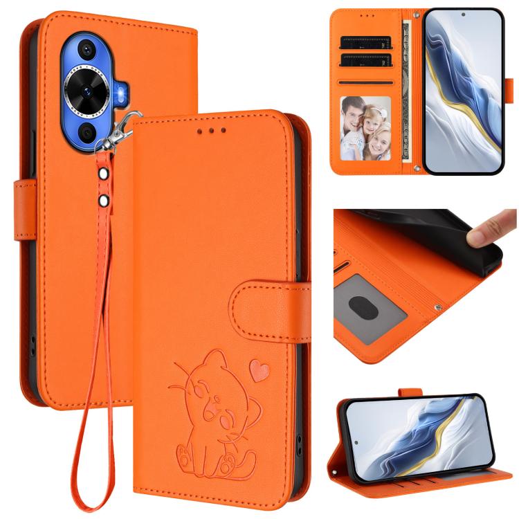 Embossed Heart Cat Leather Phone Case with Hand Strap, For Huawei Pura 70 Pro / Pura 70 Pro+, For Huawei Pura 70 Ultra, For Huawei nova 12s / nova 12 Lite / nova 11, For Huawei Pura 70, For Huawei Mate 60 Pro / Mate 60 Pro+, For Huawei Mate 60         ...