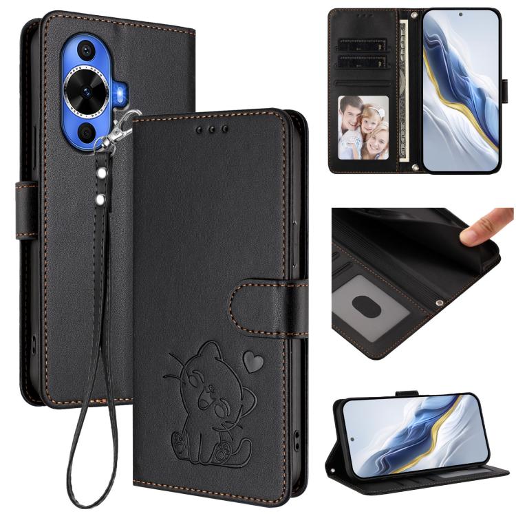 Embossed Heart Cat Leather Phone Case with Hand Strap, For Huawei Pura 70 Pro / Pura 70 Pro+, For Huawei Pura 70 Ultra, For Huawei nova 12s / nova 12 Lite / nova 11, For Huawei Pura 70, For Huawei Mate 60 Pro / Mate 60 Pro+, For Huawei Mate 60         ...