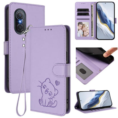Embossed Heart Cat Leather Phone Case with Hand Strap, For Huawei Enjoy 50 Pro / nova Y90, For Huawei nova 9 SE