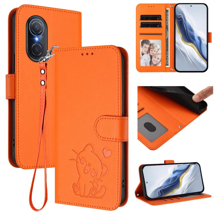 Embossed Heart Cat Leather Phone Case with Hand Strap, For Huawei Enjoy 50 Pro / nova Y90, For Huawei nova 9 SE