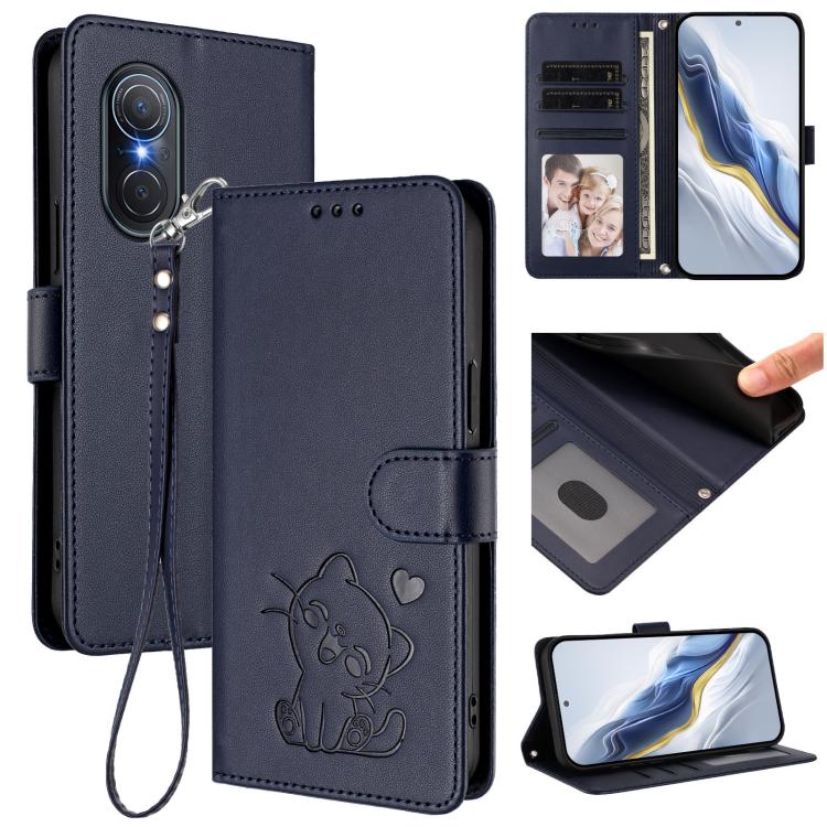 Embossed Heart Cat Leather Phone Case with Hand Strap, For Huawei Enjoy 50 Pro / nova Y90, For Huawei nova 9 SE