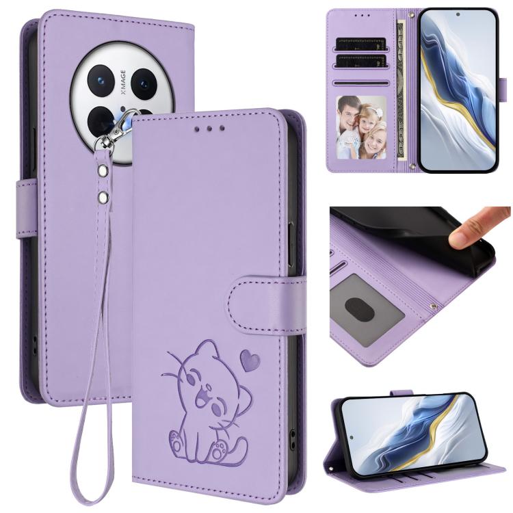 Embossed Heart Cat Leather Phone Case with Hand Strap, For Huawei nova 14 Ultra, For Huawei nova 14 Pro, For Huawei nova 14, For Huawei Enjoy 80 / Nova Y73, For Huawei nova 13i / nova 12i Global, For Huawei Mate 70 Pro, For Huawei Mate 70              ...