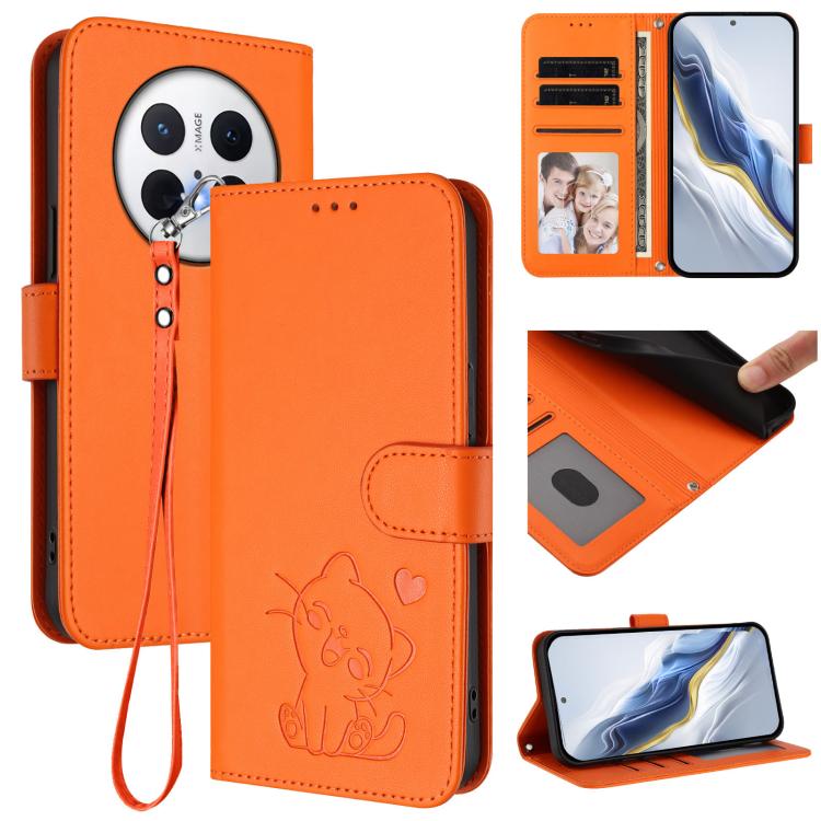 Embossed Heart Cat Leather Phone Case with Hand Strap, For Huawei nova 14 Ultra, For Huawei nova 14 Pro, For Huawei nova 14, For Huawei Enjoy 80 / Nova Y73, For Huawei nova 13i / nova 12i Global, For Huawei Mate 70 Pro, For Huawei Mate 70              ...